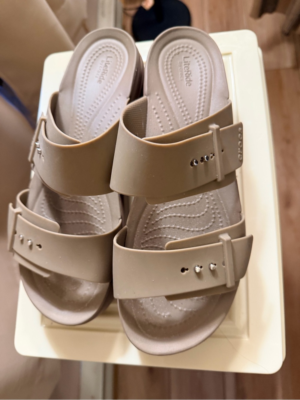 CROCS Women's Taupe Dual-Strap Platform Slide Sandals - Picture 2 of 5